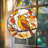 Yellow Songbird Autumn Leaves Suncatcher Fall Stained Glass Bird Panel Round Window Hanging Decor for Nature and Bird